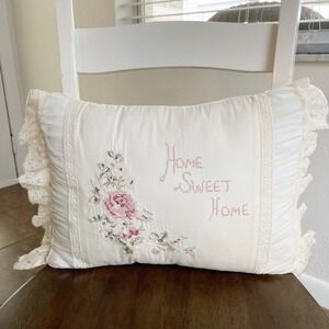 Vintage Home Sweet Home Cross Stitch Floral Lace Ruffle Decorative Throw Pillow